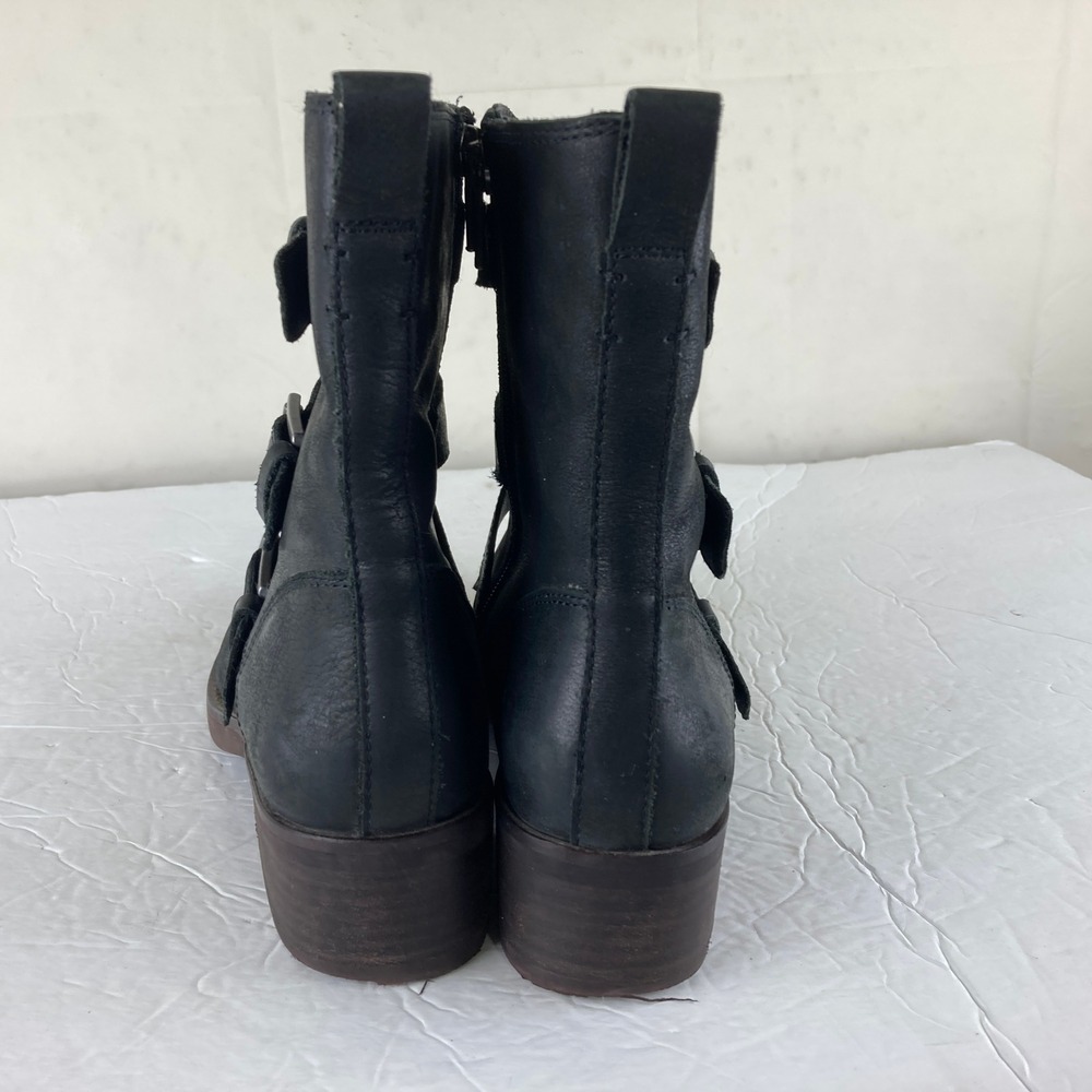 Lucky Brand Moto Boots 8 Black Leather Buckle Side Zip Motorcycle Biker Grunge - Picture 7 of 9